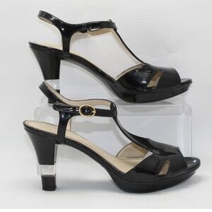 Naturalizer N5 Comfort Black Patent T-Strap Peep Toe Heels